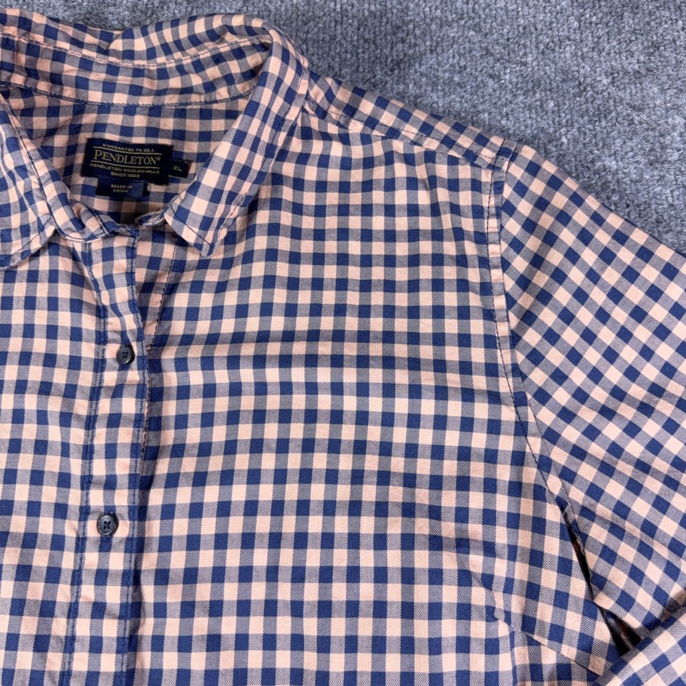 Pendleton Womens XL Gingham Check Button Down Shirt Navy Blue Tan Long Sleeve